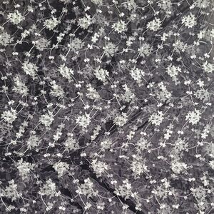 Floral Organza Fabric in Black/ White Flowers Trimmed In Scalloped Edging